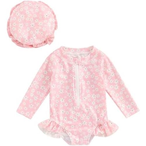 Toddler Baby Girl One Piece Swimsuit Floral Ruffle Long Sleeve Swimwear Rash Guard Bathing Suit Infant Beach Outfit