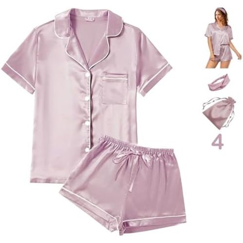 4Pcs Womens Satin Silky Pajama Sets Short Sleeve Shirt XS-4XL Floral Pajamas Set Soft PJ Loungewear Sleepwear