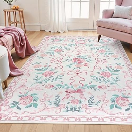 Collive Pink Rugs for Bedroom Girls, 4x6 Floral Washable Area Rug Non Slip, Soft Indoor Decor Elegant Carpet for Kids Room Nursery Living Room Dining Room (Pink 4' x 6')