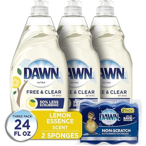 Dawn Free & Clear Dishwashing Liquid Dish Soap (3x24 oz) + Dawn Non-Scratch Scrubber Sponge (2 Count), Lemon Essence