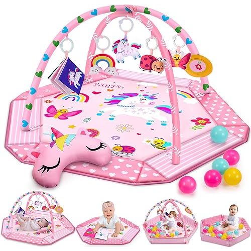 Unicorn Baby Gym Play Mat, 9-in-1 Tummy Time Mat with 7 Baby Toys, Washable Baby Activity Mat for Visual, Sensory, Motor Development, Newborn Baby Toys Gift for Toddler 0-3-4-6-9-12 Months