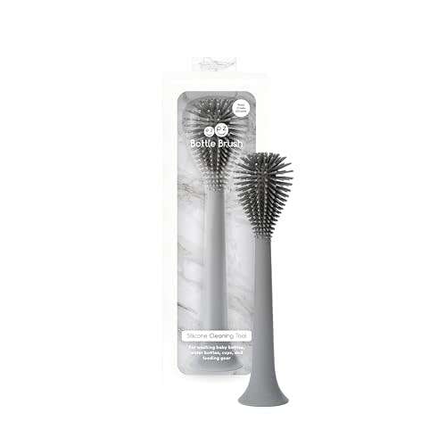 ezpz Silicone Bottle Brush (Gray) - Cleaning Tool With Long Sturdy Handle - Flexible Top for Tight Spaces - Gently Cleans Cups, Glasses, and Accessories - Suction Base, BPA-Free