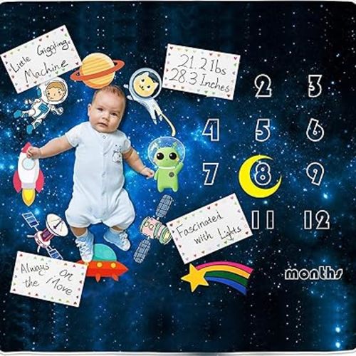 Baby Milestone Blanket, Monthly Milestone Blanket Space Theme for Boys and Girls, Perfect Baby Age Blanket, Soft Outer Space Baby Blanket with Cards and Decor, Washable, Ironable 50"x40"