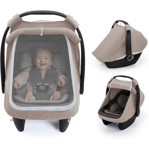 Blissful Diary Baby Car Seat Cover, Extra Large Mesh Window, Breathable Muslin Cotton, Infant Windproof Canopy, Agreeable Gray