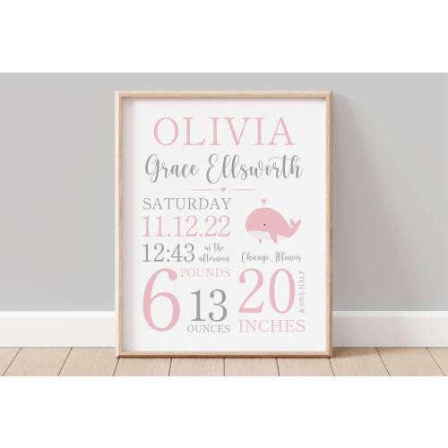 Personalized Whale Nautical Nursery Wall Art - Birth Stat Announcement for Baby Girl