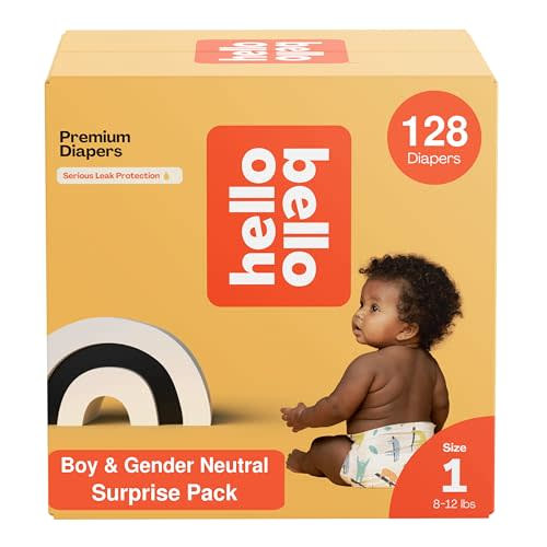 Hello Bello Premium Diapers, Size 1 (8-12 lbs) Surprise Pack for Boys - 128 Count, Hypoallergenic with Soft, Cloth-Like Feel - Assorted Boy & Gender Neutral Patterns