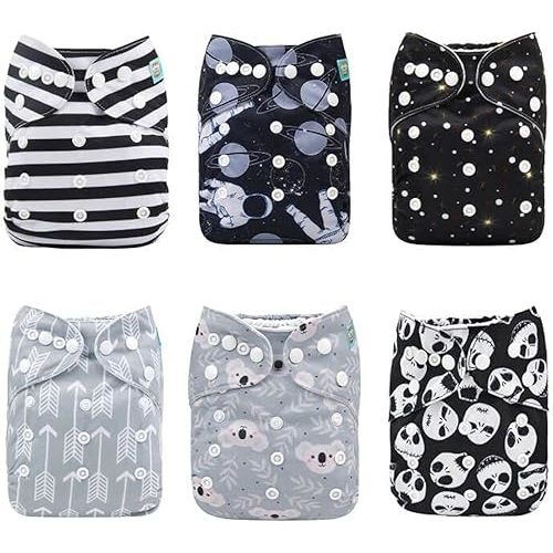 ALVABABY Baby Cloth Diapers 6 Pack with 12 Inserts One Size Adjustable Washable Reusable for Baby Girls and Boys (6DM80)