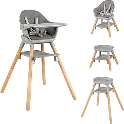 HONEY JOY Baby High Chair, 6 in 1 Convertible Wooden Highchair for Babies and Toddlers/Chair/Bar Stool, Removable Double Tray & Reversible Footrest, Safety Harness for Infant Boys Girls (Dark Gray)