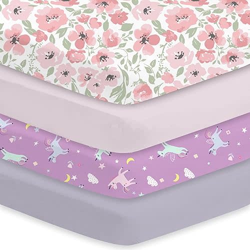 Little Grape Land Crib Sheets 4 Pack for Boys and Girls, Baby Neutral Crib Fitted Sheets for Standard Crib & Toddler Mattress, Super Soft Breathable Fitted Crib Sheet Set, Daliah & Unicorn