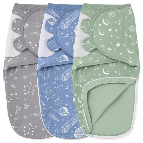 Unnivoll Baby Swaddles for Newborns with Zipper, 100% Cotton Newborn Swaddle Sack, 3 Pack Baby Swaddles 0-3 Months Swaddle Sleep Sack for Newborn Baby Boy Girl Gray Green Constellation