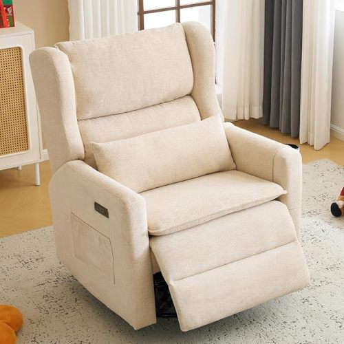 Power Recliner Chair Swivel Glider, Oversized Swivel Rocker Recliner with Adjustable Headrest,Comfy Chenille Glider Rocking Nursery Chair with Overstuffed Lumbar Support, USB Ports, White