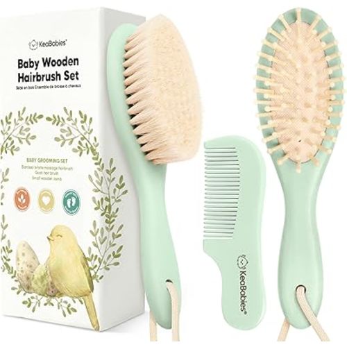 Baby Hair Brush and Comb Set for Newborn - Wooden Baby Hair Brush Set with Soft Goat Bristle, Baby Brush Set for Newborns, Baby Brush and Comb Set Girl, Boy, Toddler Cradle Cap Brush (Oval, Sage)