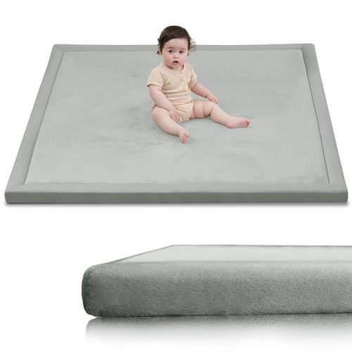 Baby Play Mat for Floor,1.3" Thick Elasti-Foam 50x50 Playpen Mat for Toddlers Infant Kids,Water-Repellent Soft Coral Velvet Tummy Time Mat,Non Slip Crawling Mat,Tatami Mat(Light Grey)