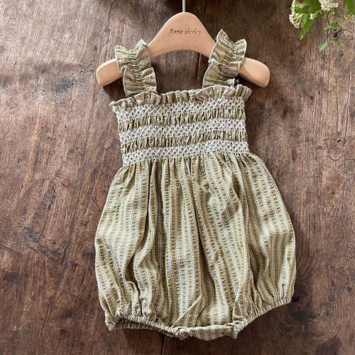 Baby Ann SS25 Ruffle Strap Smocked  3-10 MONTHSBubble Romper (3-18m) - Olive | AT NOON STORE