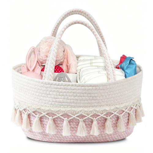 OAKART Baby Diaper Caddy Change Table Organizer, Cotton Rope Diaper Basket, Baby Shower Gift Newborn Essentials, Pink