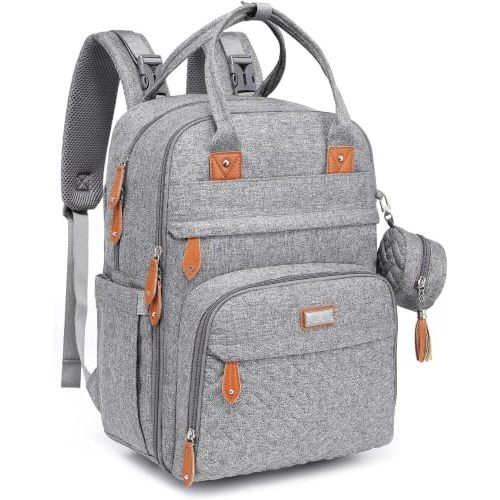 BabbleRoo Diaper Bag Backpack - Baby Essentials Travel Tote - Multi Function Water Resistant Diaper Bag, Travel Essentials Baby Bag with Changing Pad, Stroller Straps & Pacifier Case - Light Gray