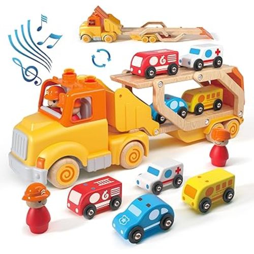 Toddler Car Toys for 2 3 4 5 Years Old Kids, Transport Carrier Truck Toy with 4 Wooden Vehicle, 24IN Foldable Track Trailer with Light & Sound Effects, Best Gift Choice for Christmas, Birthday