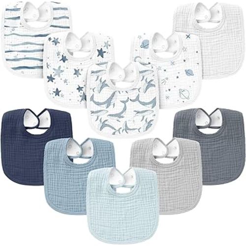 Konssy 10-Pack Muslin Baby Bibs, Soft Cotton Bandana Bibs for Drooling & Teething, Unisex Solid Colors for Boys & Girls, Newborn & Infant