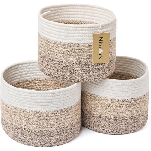 Small Basket for Organizing | Cube Shelf Closet Storage Baskets | 9.7×9.7×7.1” | Woven Rope Gift Basket | Nursery | Round 3 Packs Gradient Brown