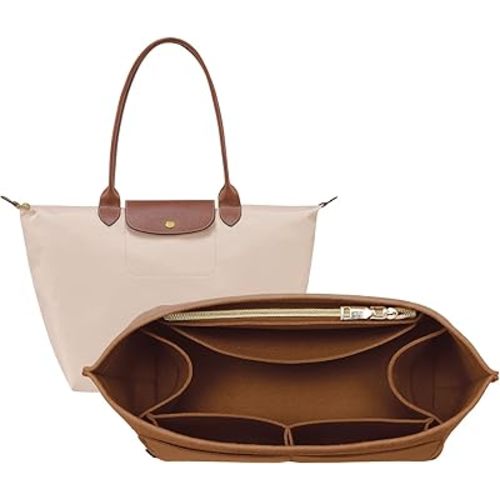 OPPOSHE Purse Organizer Insert for Longchamp Le Pliage, Premium Felt Long Champ Bag Handbag Women, Tote Organizer Insert with 9 Compartments (Large, Earth Brown)