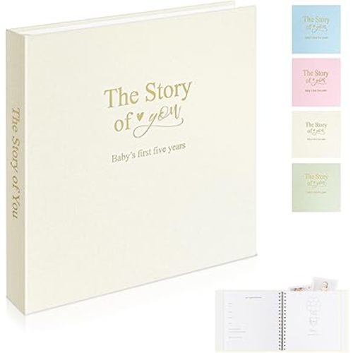 Timeless First 5 Years Keepsake Baby Memory Book for Boy or Girl, Luxury Linen Cover Acid Free Pages, Neutral Baby Journal Milestone Book or Scrapbook, Record the Story of You from Birth to Age 5