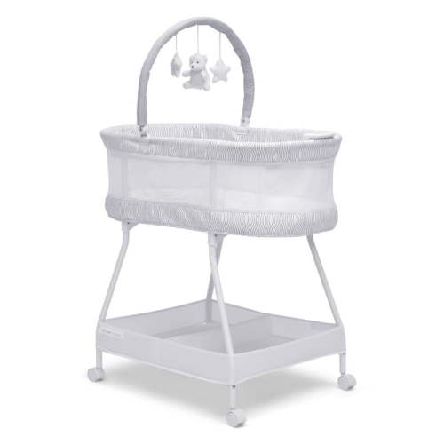 Delta Children Curve Bassinet, Baby Bedside Sleeper with Storage, White/Grey