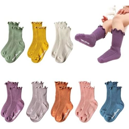 MINI PANDA Baby Non-Slip Crew Socks with Frilly Ruffled for Infants Toddlers Little Kids Little Girls 8 Pairs