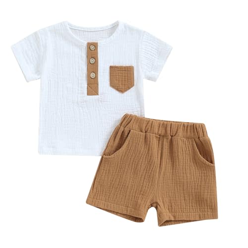 fhutpw Baby Boy Summer Outfits Henley Shirt Soft Pocket Short Sleeve Tops & Shorts Sets Infant 3 6 12 18 Months 2T Clothes