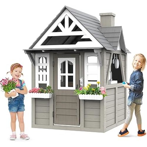 Outdoor Kids Playhouse, All Fir Gray Modern Wooden Playhouse, Indoor and Outdoor Cottage Play House with Sink, Stove, Cookware, Windows, Flowerpot Holders, Working Doorbell, for Kids Ages 3-8