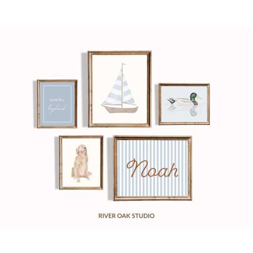 Coastal Boy Nursery Gallery Wall Art Set of 5, Dusty Blue Watercolor Paintings for Toddler Boy's Room Prints Custom Name Sailboat Duck Dog