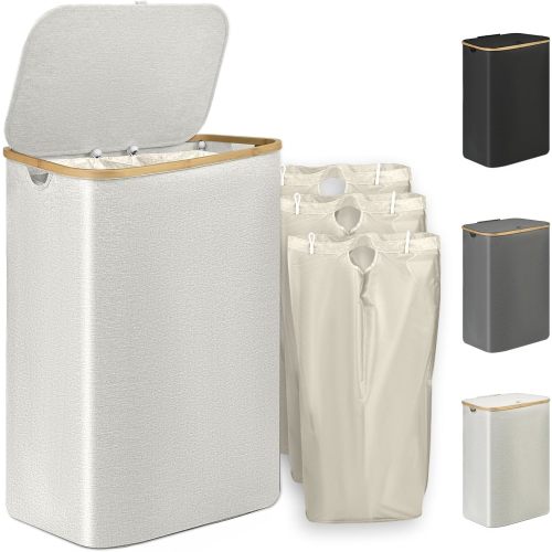 AYAOQIANG 160L Laundry Hamper with Lid,Collapsible Laundry Baskets with 3 Removable Liners Portable Dirty Clothes Hamper for Bathroom, Bedroom, Toys Storage White