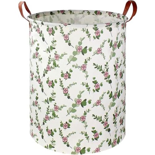 Large Round Canvas Linen Laundry Hamper,Waterproof Storage Bin for Toys,Books,Clothes,Pets, Laundry Basket, Gift Basket(Eucalyptus leaves)