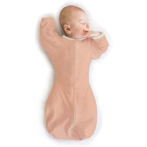 SwaddleDesigns Transitional Swaddle Sack With Arms Up Half-Length Sleeves and Mitten Cuffs, Heathered Peach Blush with Polka Dot Trim, Medium, 3-6 Mo, 14-21 lbs (Better Sleep, Easy Swaddle Transition)