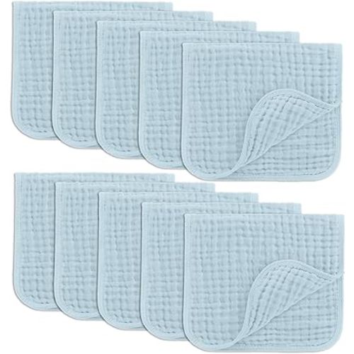 Comfy Cubs Muslin Burp Cloths Set Large 100% Cotton Hand Washcloths for Babies, Baby Essentials 6 Layers Extra Absorbent and Soft Boys & Girls Baby Bibs & Burp Cloths Set (Sky Blue, 10-Pack, 20" X10")