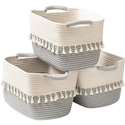 TeoKJ Storage Basket 3 Pack for Organizing, Cotton Rope Baskets for Toy, Clothes, Blankets, Decorative Basket for Living Room, Nursery, Bathroom, White & Gray