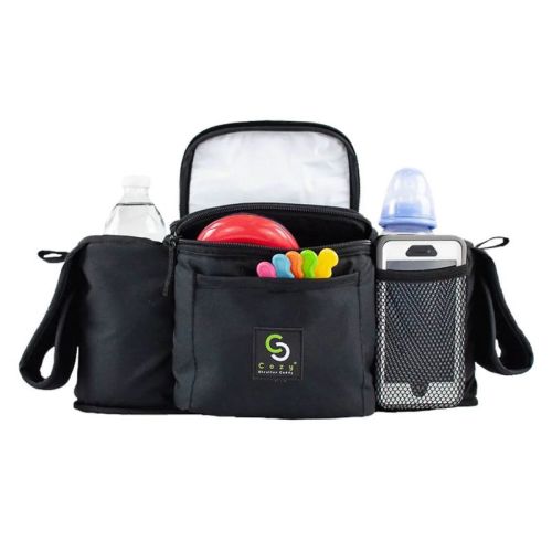 Cozy Cover CozyBaby Stroller Organizer Universal Insulated Storage Caddy Basket with 2 Insulated Cup Holder Carriers and Zippered Pouches, Black