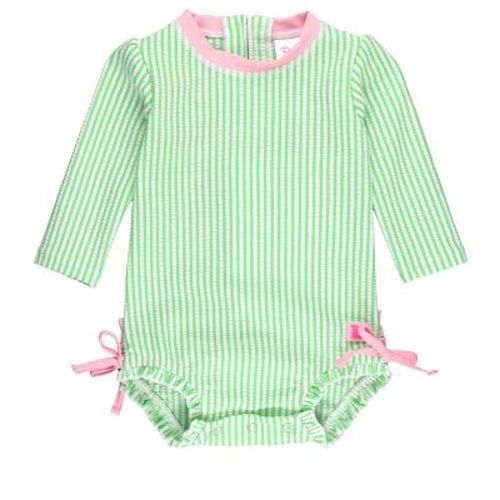 Rufflebutts Seersucker Long Sleeve One Piece Rash Guard - Spring Green, Size: 3-6m
