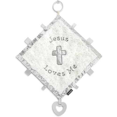 DEMDACO Tender Blessings, 18.5 x 16 Inch, Soft Cotton and Polyester, Blanket, Blankie, White and Grey, Jesus Loves Me