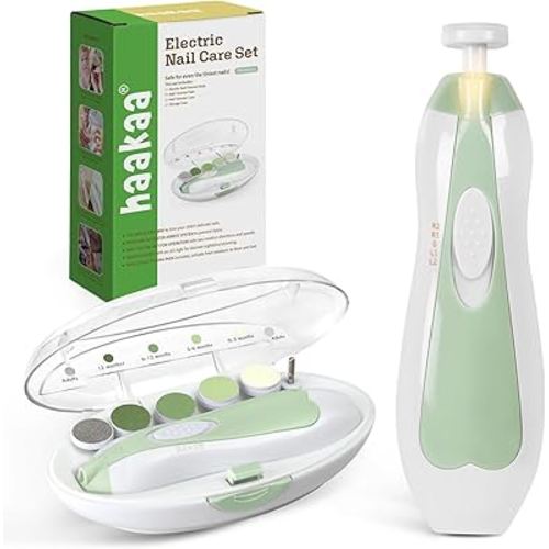 haakaa Baby Nail File Electric Baby Nail Care Set with LED Light, Baby Nail Clippers for Newborn/Infants/Adults Toenails and Fingernails, 6 Replacement Heads & Storage Case, Green