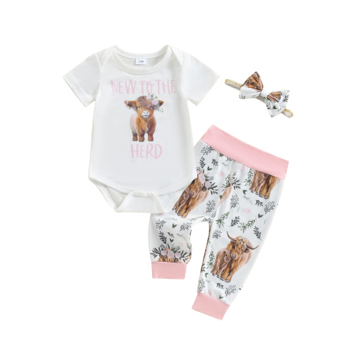 Newborn Baby Girls Fall Clothes Western Cow Print Long Sleeve Rompers Long Pants Hat 3Pcs Outfits