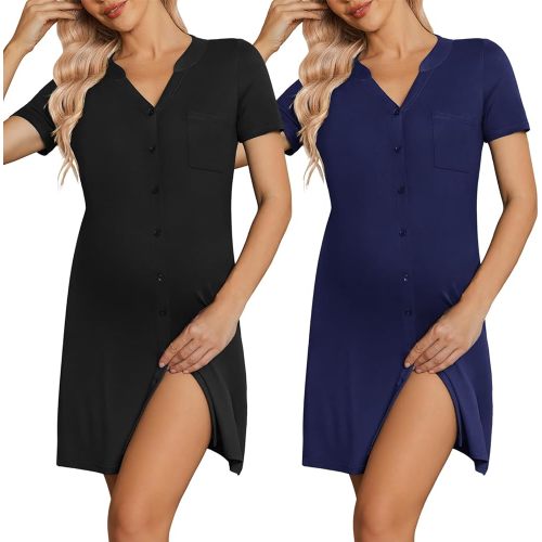 Ekouaer 2 Pack Maternity Nightgown Button Down Nursing Gown 3 in 1 Breastfeeding Sleepwear V Neck Short Sleeve Delivery Dress