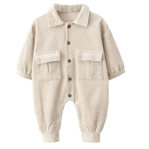 Happy Cherry Newborn Baby Boy Girl Corduroy Long Sleeve Button Down Collared Jumpsuit One Piece Overall Outfit