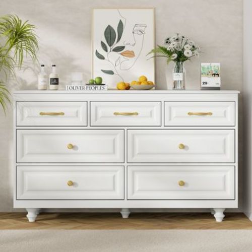 Farmhouse 7 Drawers Dresser, 51'' Wide Rustic Chests Of Drawers With Natural Texture, Wood Dresser Vintage Design, Storage Dressers Organizer, White