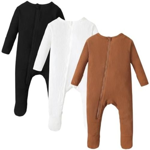 OPAWO Newborn Footie Pajamas with Mitten Cuffs Double Zipper Sleepers Baby Boy Girl Onesie Footed One-Piece Romper 0-6 Months
