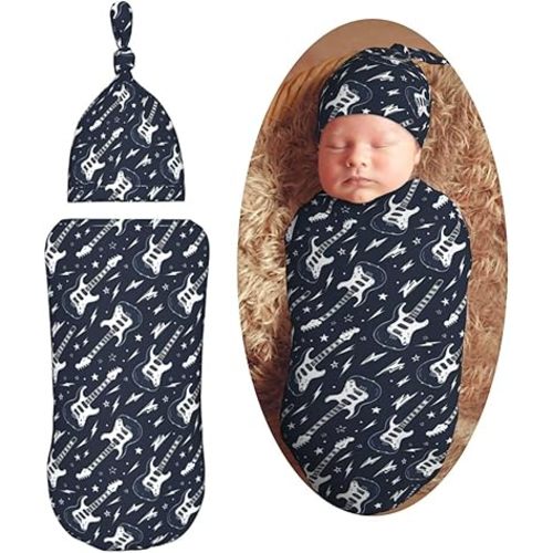 Muishi Guitar and Stars Newborn Swaddle Blankets Hat Sets Soft Baby Receiving Blanket Swaddle Sack for Baby Shower Infant Boy Girl Gift