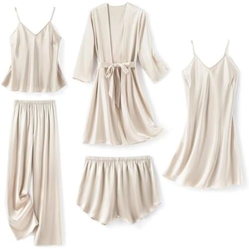 SAPJON Silk Pajamas for Women 5Pcs Sleepwear Loungewear Satin Robe Cami Shorts Pj Set
