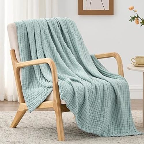 Love's cabin 100% Cotton Muslin Blanket, 6 Layer Lightweight Breathable Gauze Twin Size Blanket 60 x 80 Inches, Soft Summer Blanket for Bed or Couch, Cyan
