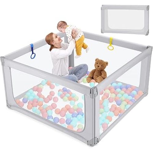 Kidirect Foldable Baby Playpen, 47"×49" Playpen for Babies and Toddlers, Baby Play Pen with Safety Gate, Corrales para Bebes, Adjustable Portable Play Yards for Babies Indoor Outdoor, Grey