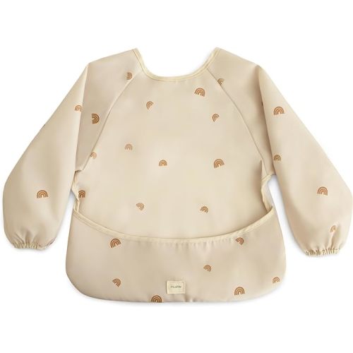mushie Long Sleeve Baby Bib | Mess Free & Waterproof Fabric for Toddlers | Adjustable Fit for Ages 6-24 Months - Rainbows