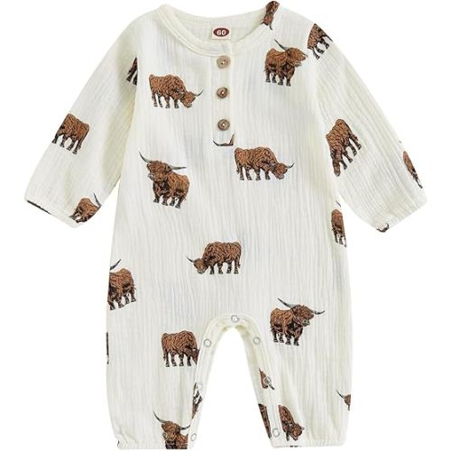 Western Baby Boys Fall Clothes Long Sleeve Bull Print Cotton Linen Jumpsuit Romper Infant Cowboy One Piece Outfit